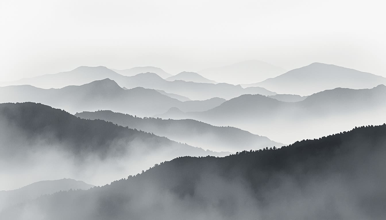 Serene minimalist Mist Gray misty mountains featuring fog layers and distant horizon - Wall Mural & Peel and Stick Wallpaper for Minimalist Interiors and Premium Home Styling.
