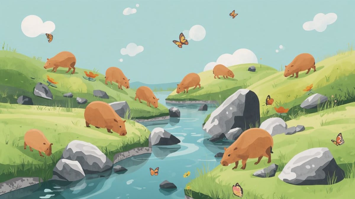 Whimsical playful Sky Blue capybara featuring butterflies and a river landscape - Wall Mural & Peel and Stick Wallpaper for Whimsical Nursery or Kids Room.