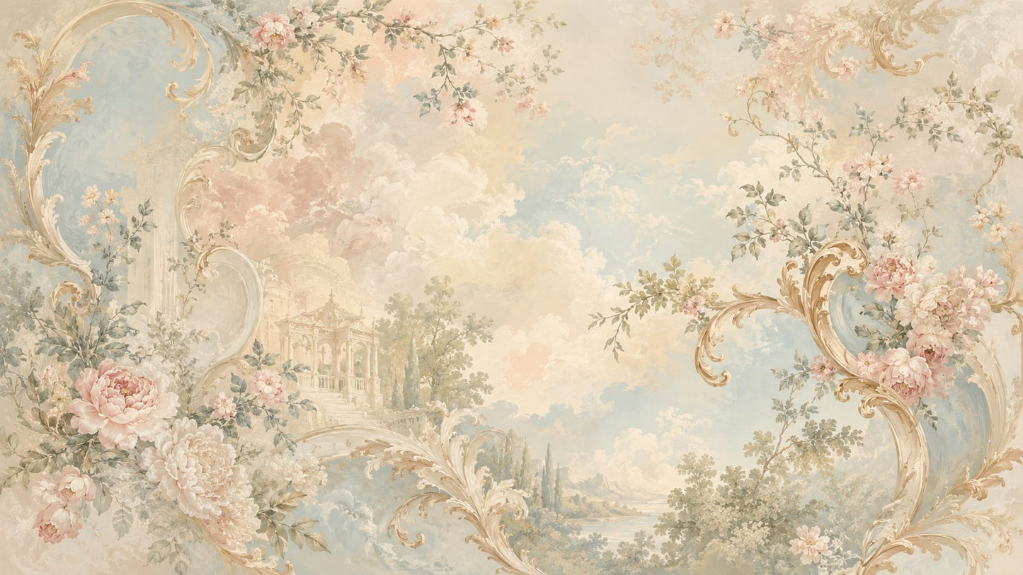 Romantic ornate Cream floral blossoms featuring pastoral landscape and classical architecture - Wall Mural & Peel and Stick Wallpaper for Painterly Interiors and Premium Home Styling.