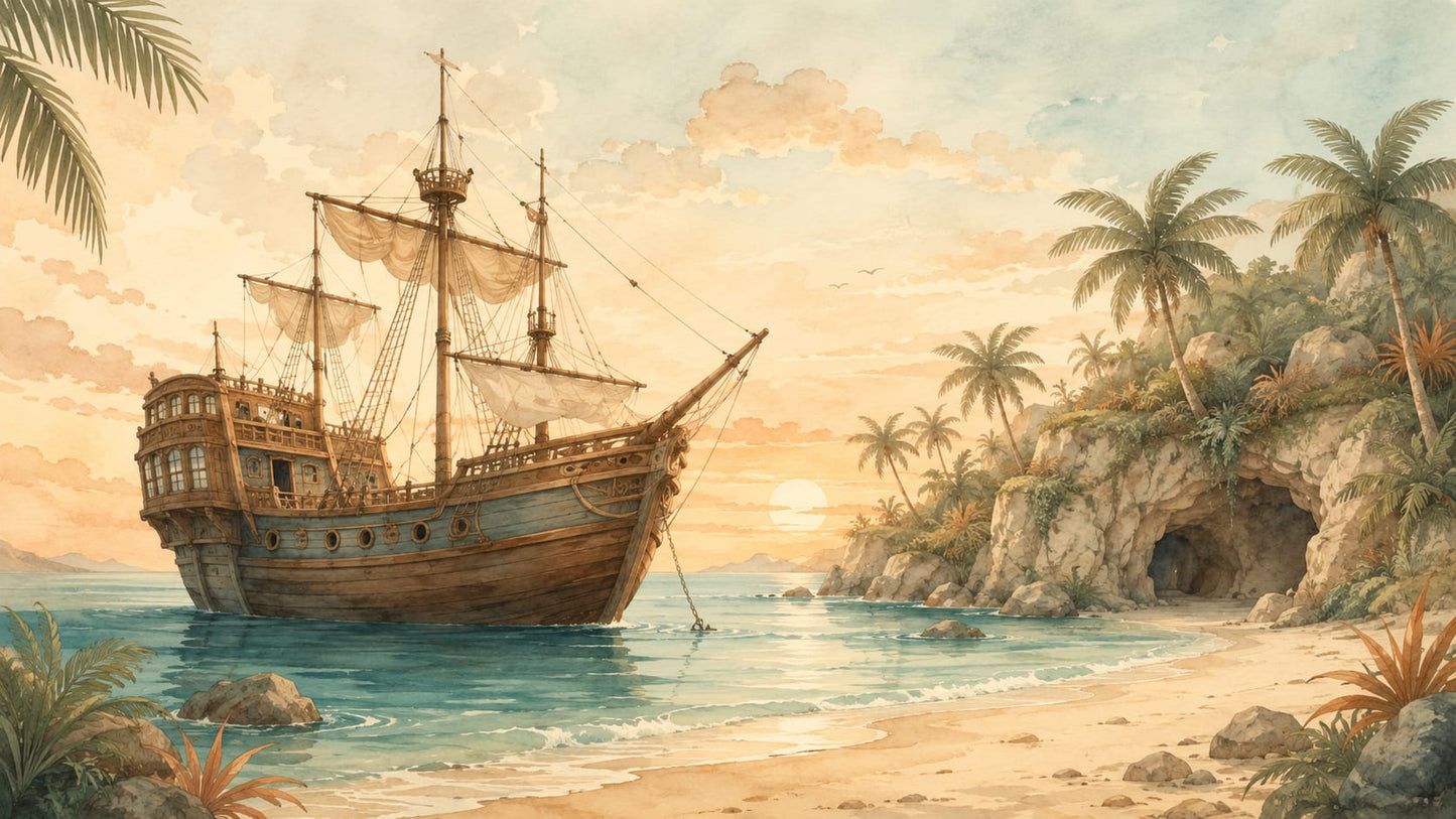 Vintage painterly Cream sailing ship featuring tropical beach and palm trees - Wall Mural & Peel and Stick Wallpaper for Painterly Interiors and Premium Home Styling