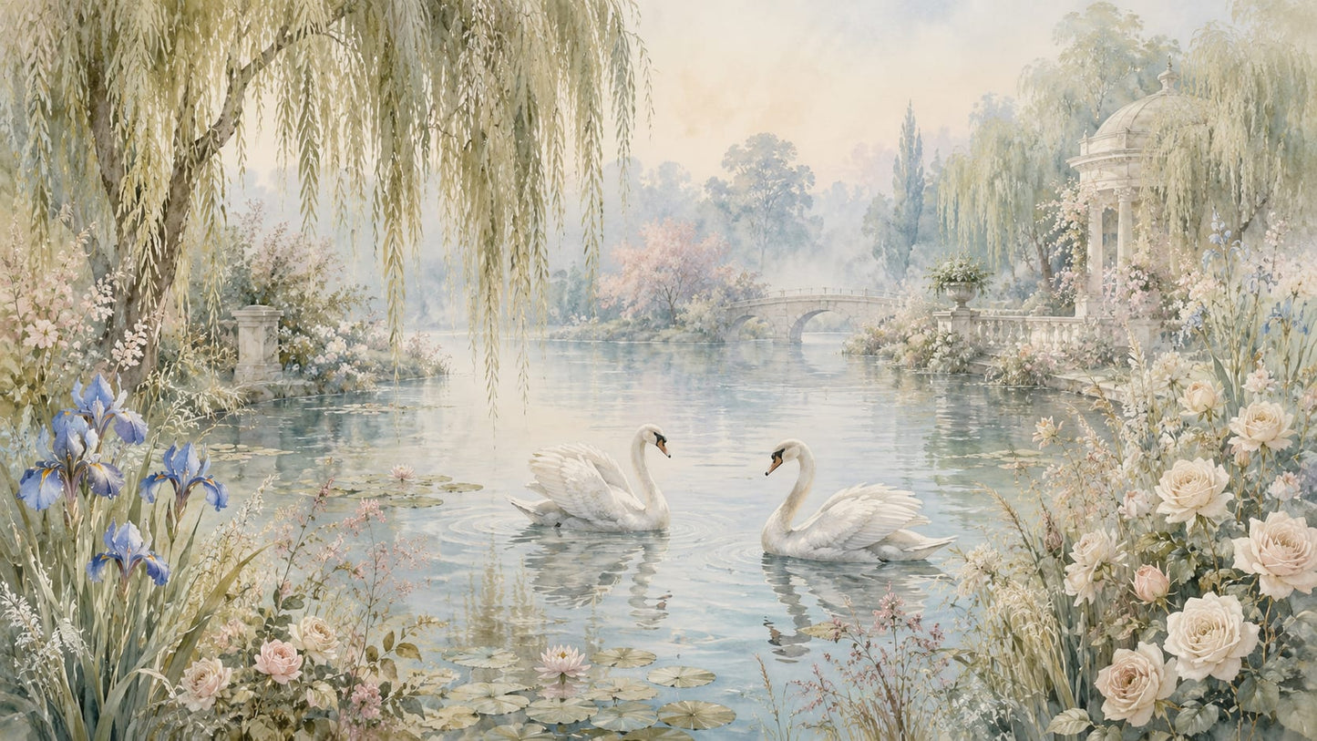 Ethereal romantic Sage Green swan featuring garden pond and lily pads - Wall Mural & Peel and Stick Wallpaper for Watercolor Interiors and Premium Home Styling