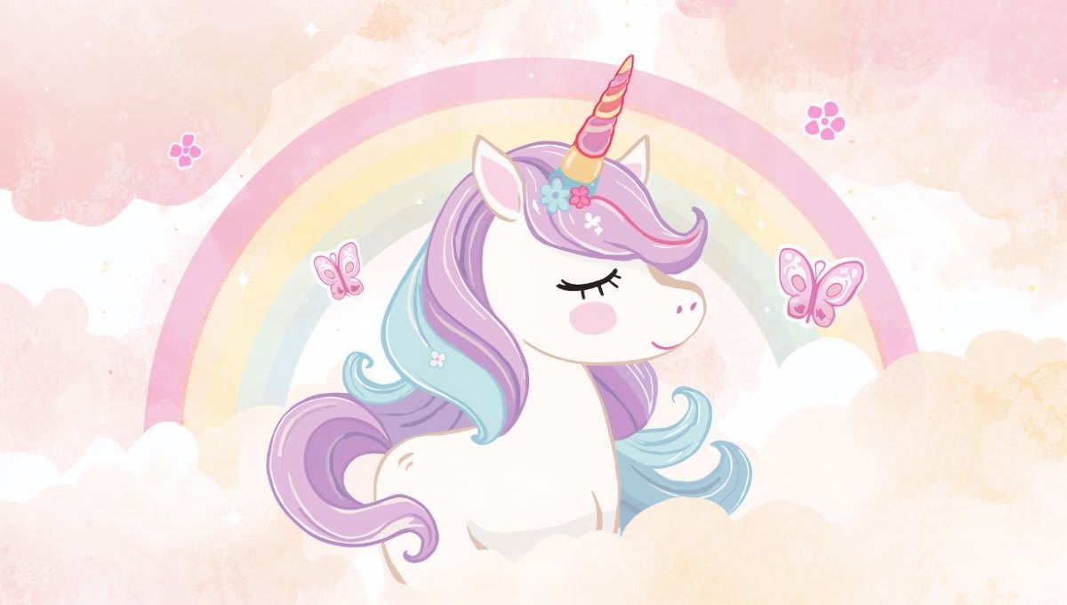 Whimsical dreamy Pink unicorn featuring rainbow, clouds and butterflies - Wall Mural & Peel and Stick Wallpaper for Whimsical Nursery or Kids Room