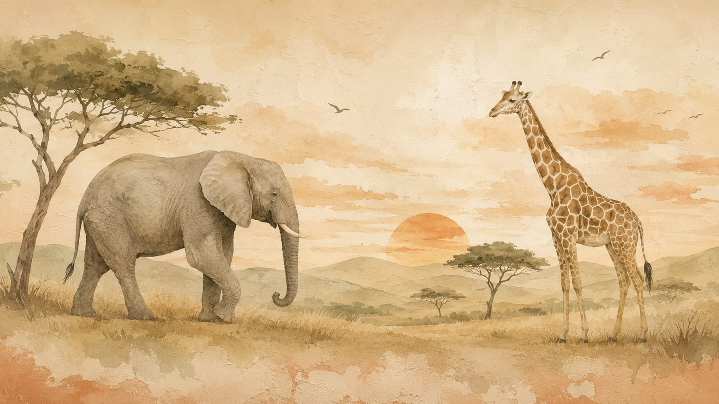Soft painterly Beige safari animals featuring savanna landscape, acacia trees, and sunset - Wall Mural & Peel and Stick Wallpaper for Watercolor Interiors and Premium Home Styling