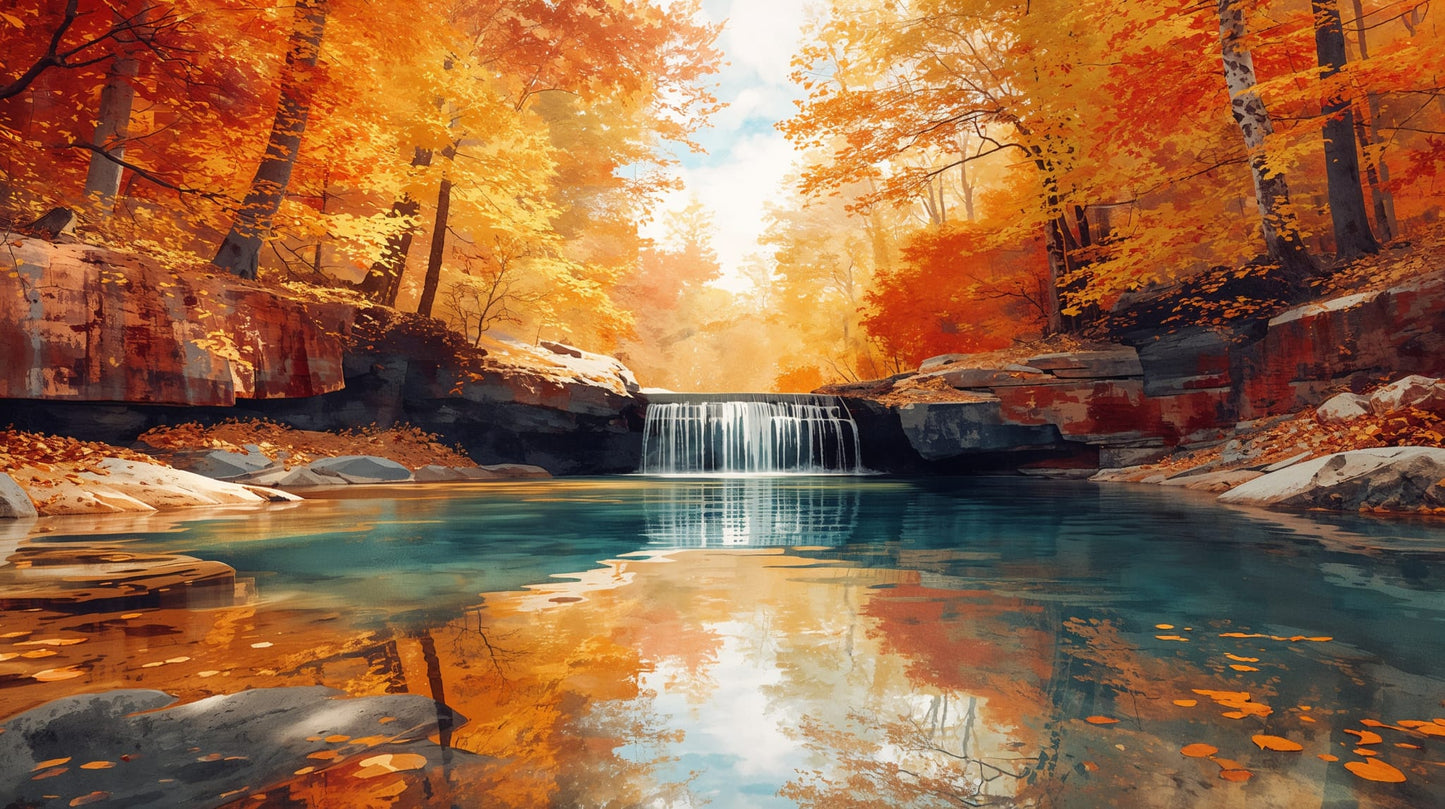 Atmospheric radiant Burnt Orange autumn forest featuring waterfall and rock formations - Wall Mural & Peel and Stick Wallpaper for Painterly Interiors and Premium Home Styling