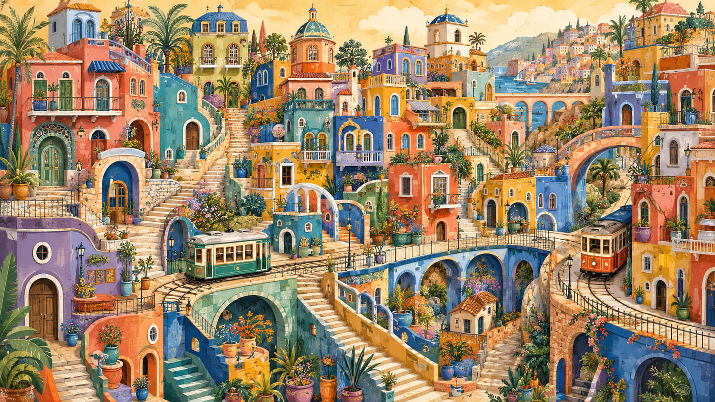 Vibrant sun-washed Ochre Mediterranean village featuring trams and coastal landscape - Wall Mural & Peel and Stick Wallpaper for Illustrated Interiors and Premium Home Styling