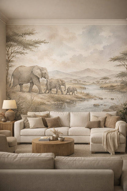 Organic Modern Cream elephant featuring river - Wall Mural Peel and Stick Wallpaper for Organic Modern Living Room.