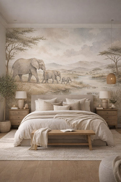 Biophilic Design green elephant featuring river - Wall Mural Peel and Stick Wallpaper for Biophilic Design Master Bedroom.