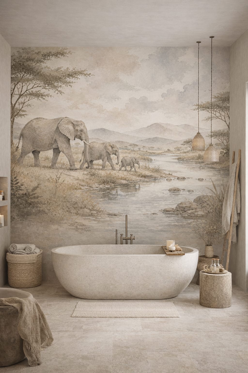 Wabi-sabi muted-earth-tone elephant featuring river - Wall Mural Peel and Stick Wallpaper for Wabi-sabi Luxury Bathroom.
