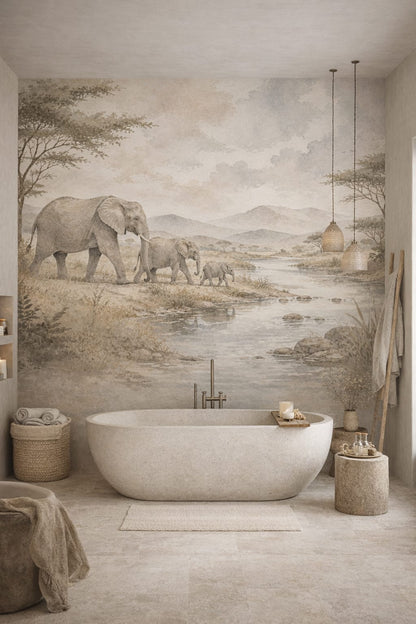 Wabi-sabi muted-earth-tone elephant featuring river - Wall Mural Peel and Stick Wallpaper for Wabi-sabi Luxury Bathroom.