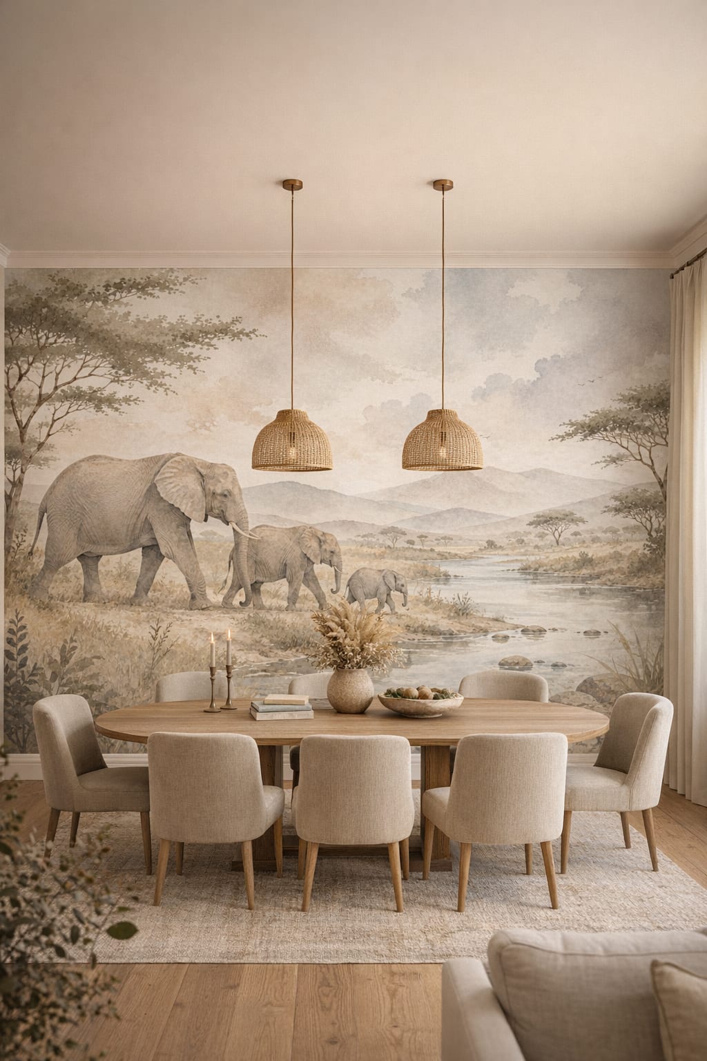 Sand-toned Mediterranean Modern elephant featuring river - Wall Mural Peel and Stick Wallpaper for Mediterranean Modern Formal Dining Room.