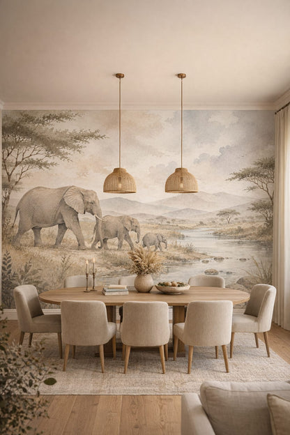 Sand-toned Mediterranean Modern elephant featuring river - Wall Mural Peel and Stick Wallpaper for Mediterranean Modern Formal Dining Room.