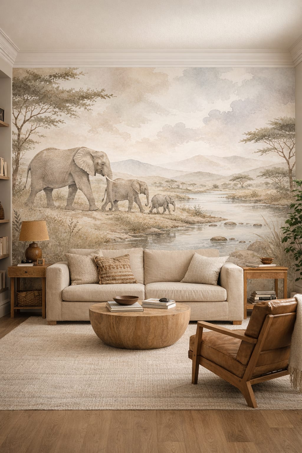 Modern Safari sand elephant featuring river - Wall Mural Peel and Stick Wallpaper for Modern Safari Reading Room.