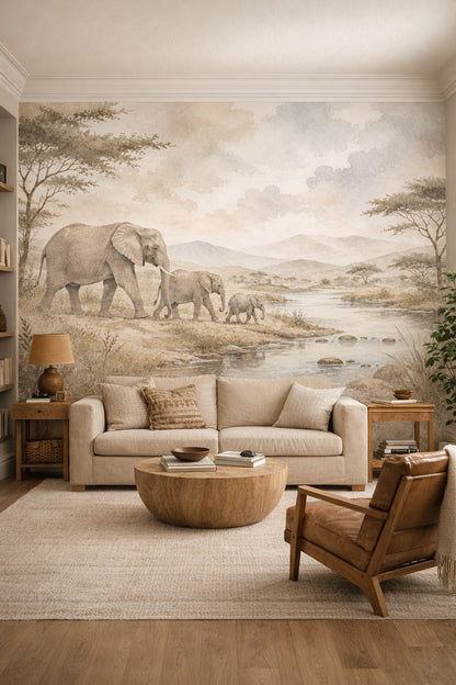 Modern Safari sand elephant featuring river - Wall Mural Peel and Stick Wallpaper for Modern Safari Reading Room.