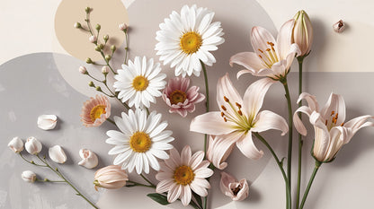 Refined airy Cream floral blossoms featuring abstract circles - Wall Mural & Peel and Stick Wallpaper for Modern Interiors and Premium Home Styling
