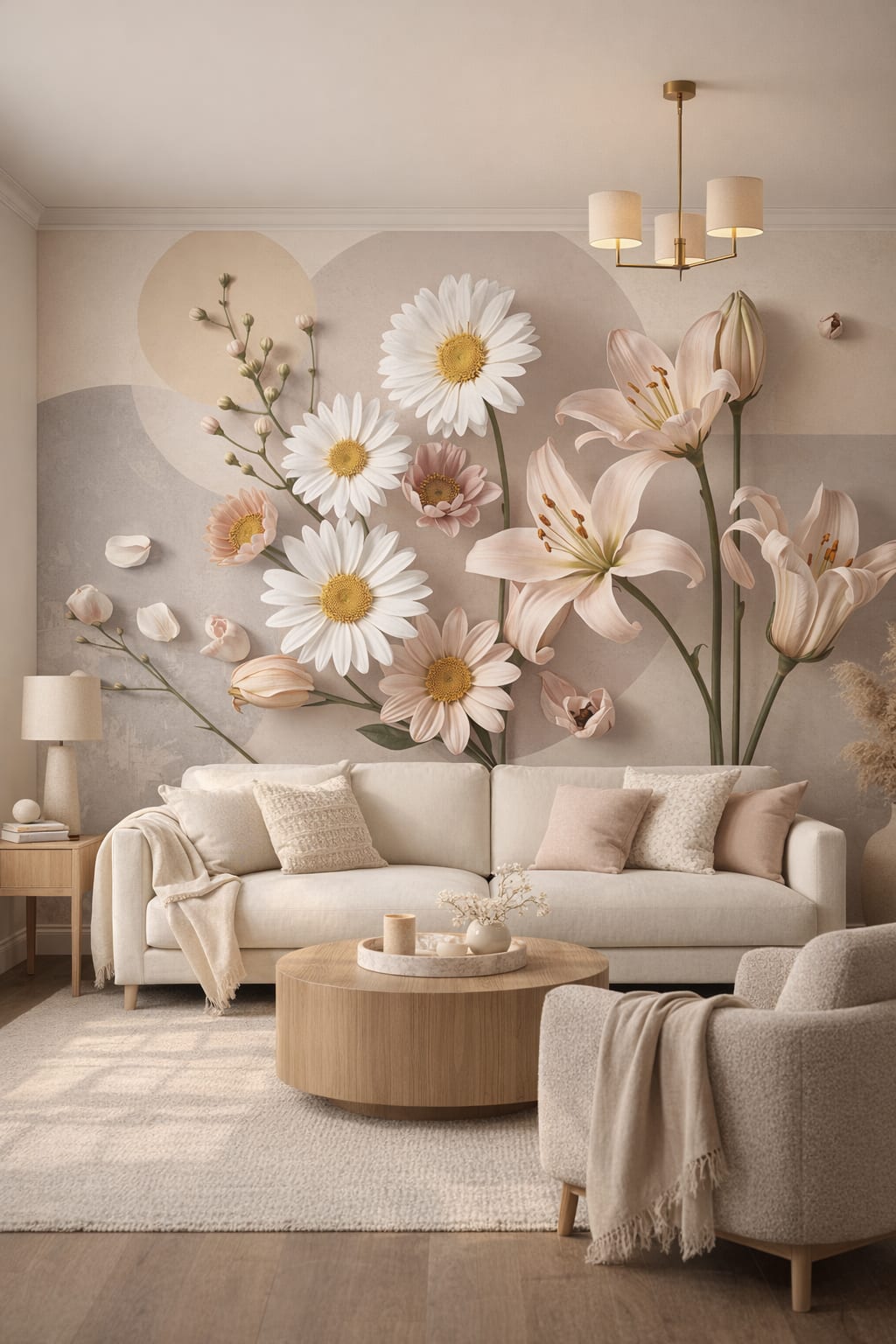 Cream Organic Modern floral blossoms featuring abstract circles - Wall Mural Peel and Stick Wallpaper for Organic Modern Living Room.