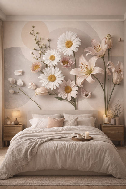 Japandi sand-toned floral blossoms featuring abstract circles - Wall Mural Peel and Stick Wallpaper for Japandi Master Bedroom.