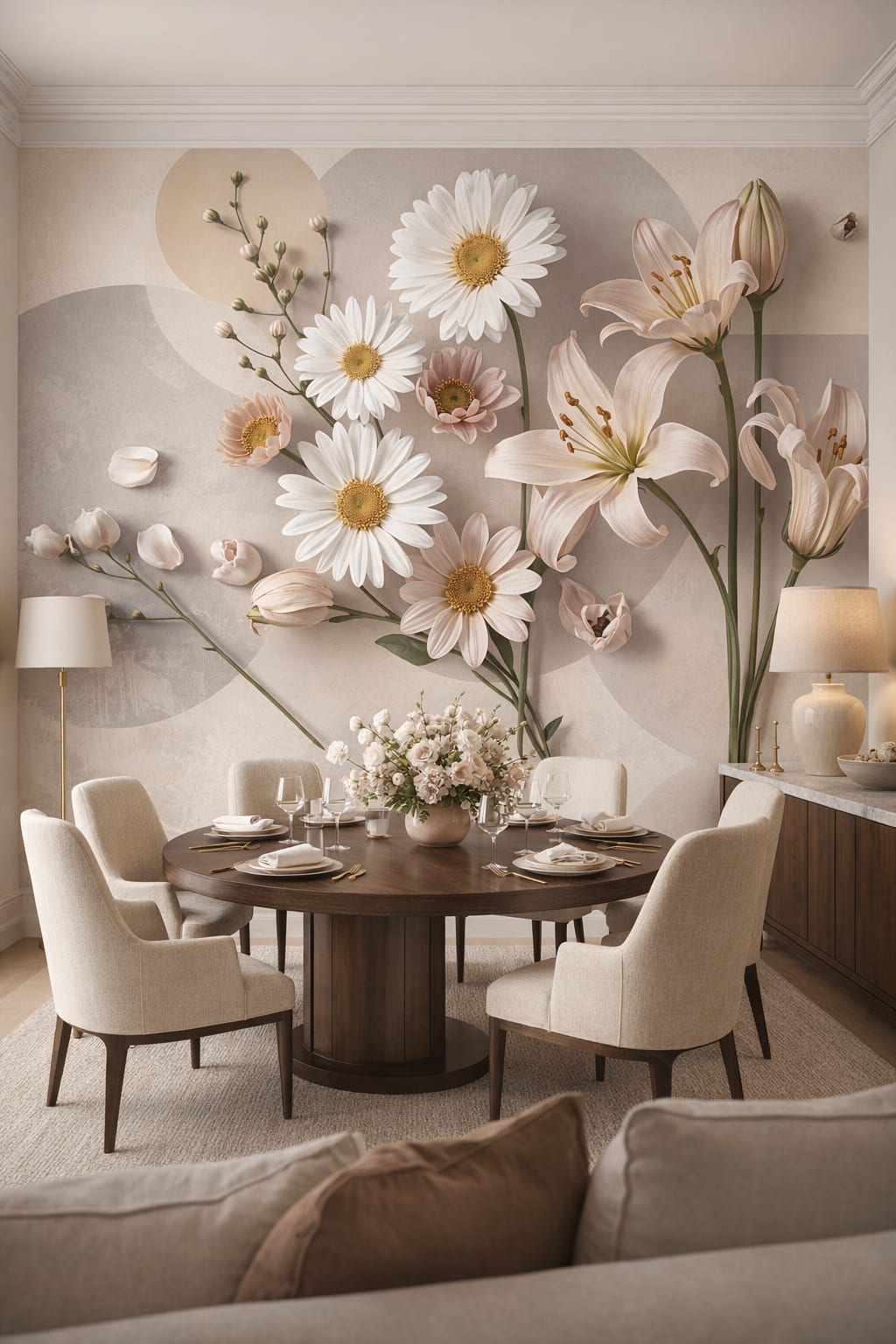 Elegant cream-toned floral blossoms featuring abstract circles - Wall Mural Peel and Stick Wallpaper for Modern Classic Formal Dining Room.