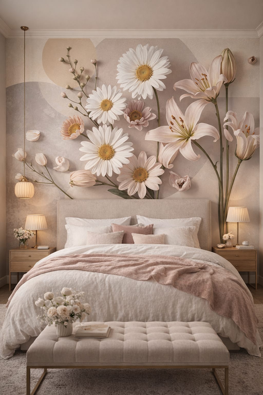 Romantic blush floral blossoms featuring abstract circles - Wall Mural Peel and Stick Wallpaper for Romantic Guest Bedroom.