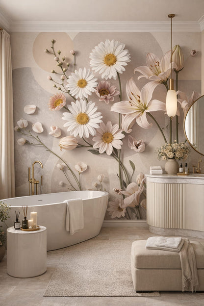 Art Nouveau cream floral blossoms featuring abstract circles - Wall Mural Peel and Stick Wallpaper for Art Nouveau Luxury Bathroom.