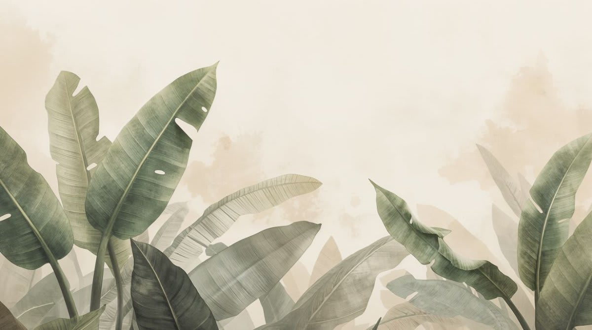 Soft calming Sage Green tropical leaves featuring banana leaves and misty horizon - Wall Mural & Peel and Stick Wallpaper for Watercolor Interiors and Premium Home Styling.