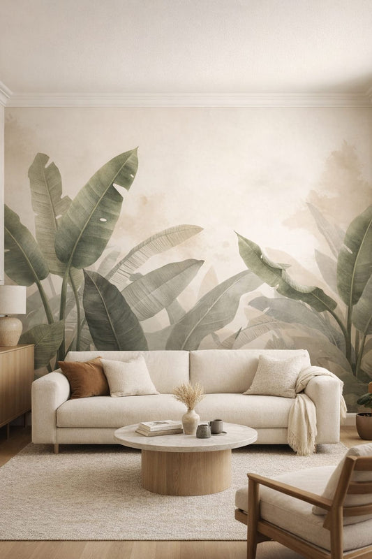 Organic Modern cream - tropical leaves featuring banana leaves - Wall Mural Peel and Stick Wallpaper for Organic Modern Living Room.