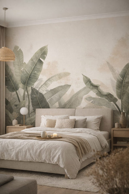 Sand-toned Japandi tropical leaves featuring watercolor wash - Wall Mural Peel and Stick Wallpaper for Japandi Master Bedroom.