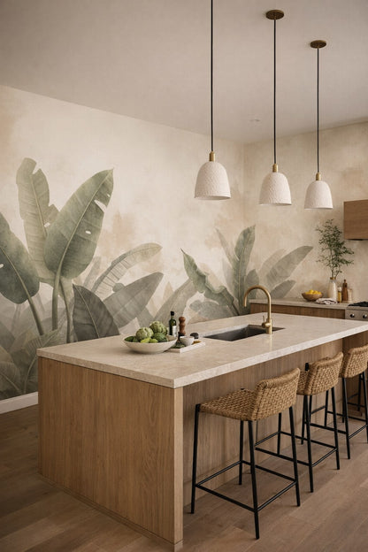 Green-neutral biophilic tropical leaves featuring banana leaves - Wall Mural Peel and Stick Wallpaper for Biophilic Design High-end Kitchen.