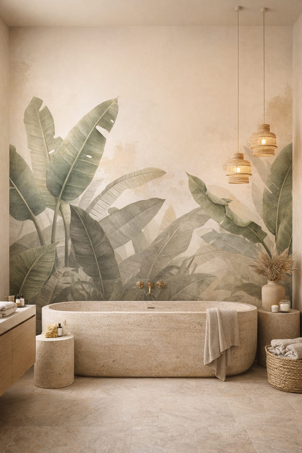 Mediterranean Modern sand-tone tropical leaves featuring banana leaves - Wall Mural Peel and Stick Wallpaper for Mediterranean Modern Luxury Bathroom.