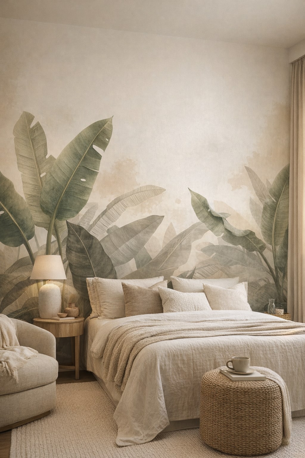 Resort Style sand-toned tropical leaves featuring banana leaves - Wall Mural Peel and Stick Wallpaper for Resort Style Guest Bedroom.