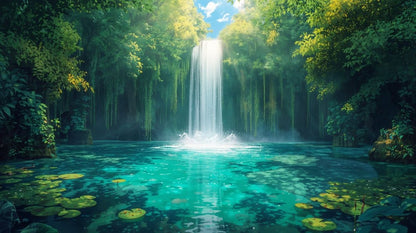 Serene dreamy Turquoise waterfall lagoon featuring tropical foliage and lily pads - Wall Mural & Peel and Stick Wallpaper for Dreamy Interiors and Premium Home Styling.