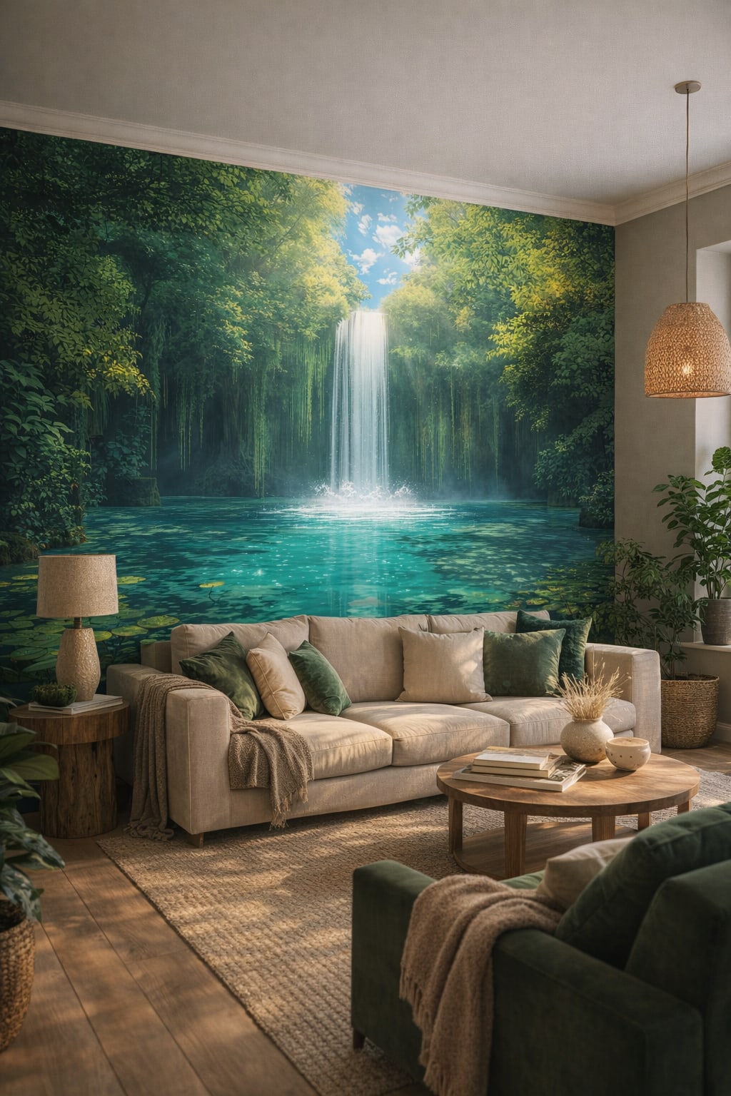 Biophilic green neutrals waterfall lagoon featuring tropical foliage - Wall Mural Peel and Stick Wallpaper for Biophilic Design Living Room.