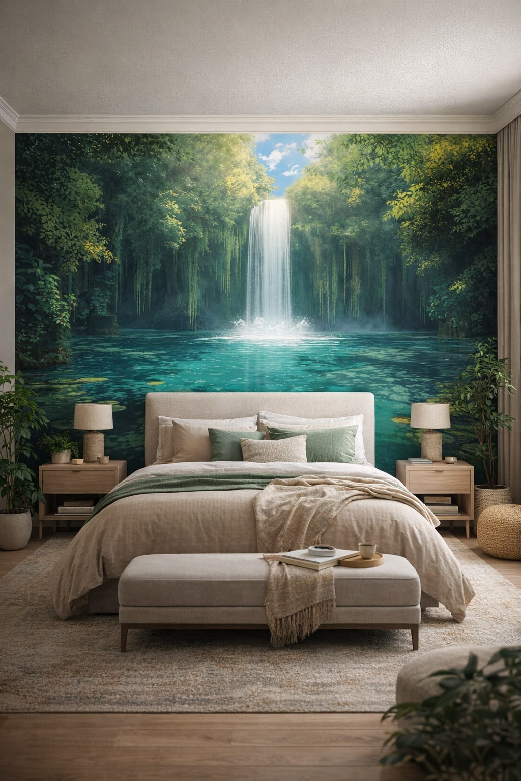 Organic Modern cream-sand waterfall lagoon featuring lily pads - Wall Mural Peel and Stick Wallpaper for Organic Modern Master Bedroom.