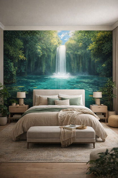 Organic Modern cream-sand waterfall lagoon featuring lily pads - Wall Mural Peel and Stick Wallpaper for Organic Modern Master Bedroom.