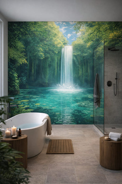 Zen neutral waterfall lagoon featuring lily pads - Wall Mural Peel and Stick Wallpaper for Zen Luxury Bathroom.
