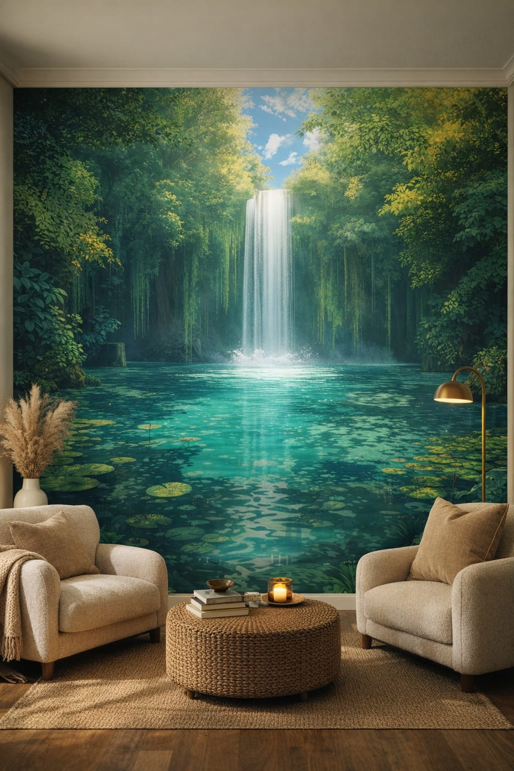 Resort Style sand-white waterfall lagoon featuring lily pads - Wall Mural Peel and Stick Wallpaper for Resort Style Primary Suite Sitting Area.