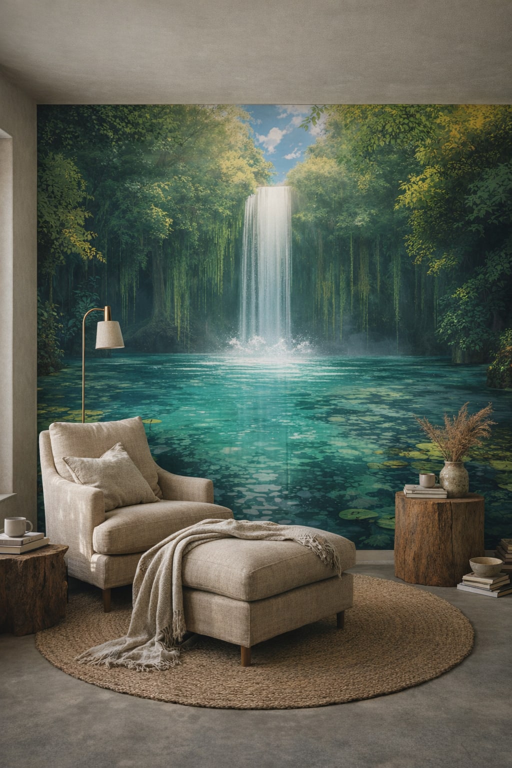Wabi-sabi earthy waterfall lagoon featuring lily pads - Wall Mural Peel and Stick Wallpaper for Wabi-sabi Reading Corner.