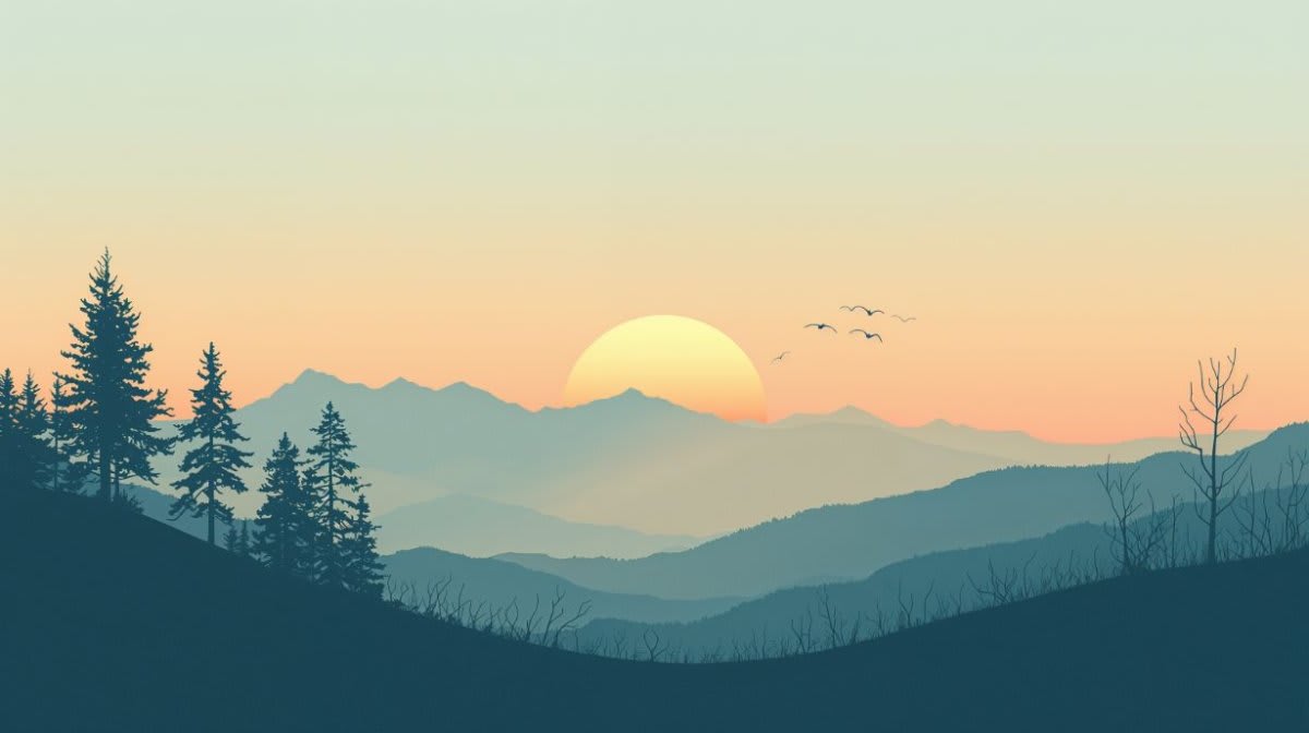 Serene minimalist Dusty Blue mountain sunrise landscape featuring pine trees and birds - Wall Mural & Peel and Stick Wallpaper for Minimalist Interiors and Premium Home Styling.