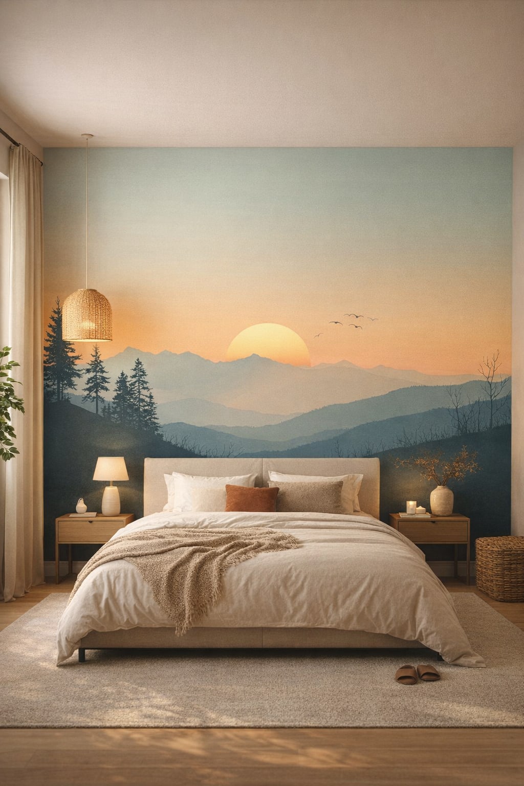 Zen neutral mountain sunrise landscape featuring pine trees - Wall Mural Peel and Stick Wallpaper for Zen Master Bedroom.