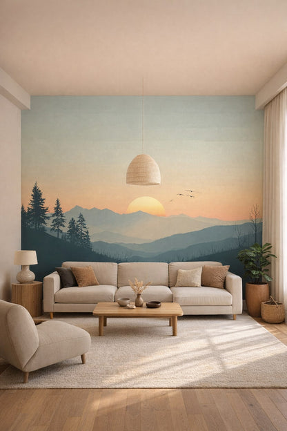 Sand-tone Japandi, charcoal minimalism mountain sunrise landscape featuring birds - Wall Mural Peel and Stick Wallpaper for Japandi Living Room.