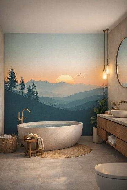 Organic Modern cream-toned mountain sunrise landscape featuring pine trees - Wall Mural Peel and Stick Wallpaper for Organic Modern Luxury Bathroom.
