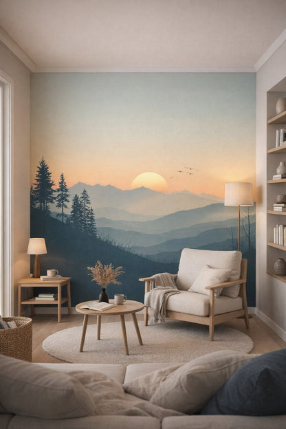 Scandinavian white-gray mountain sunrise landscape featuring birds - Wall Mural Peel and Stick Wallpaper for Scandinavian Reading Corner.