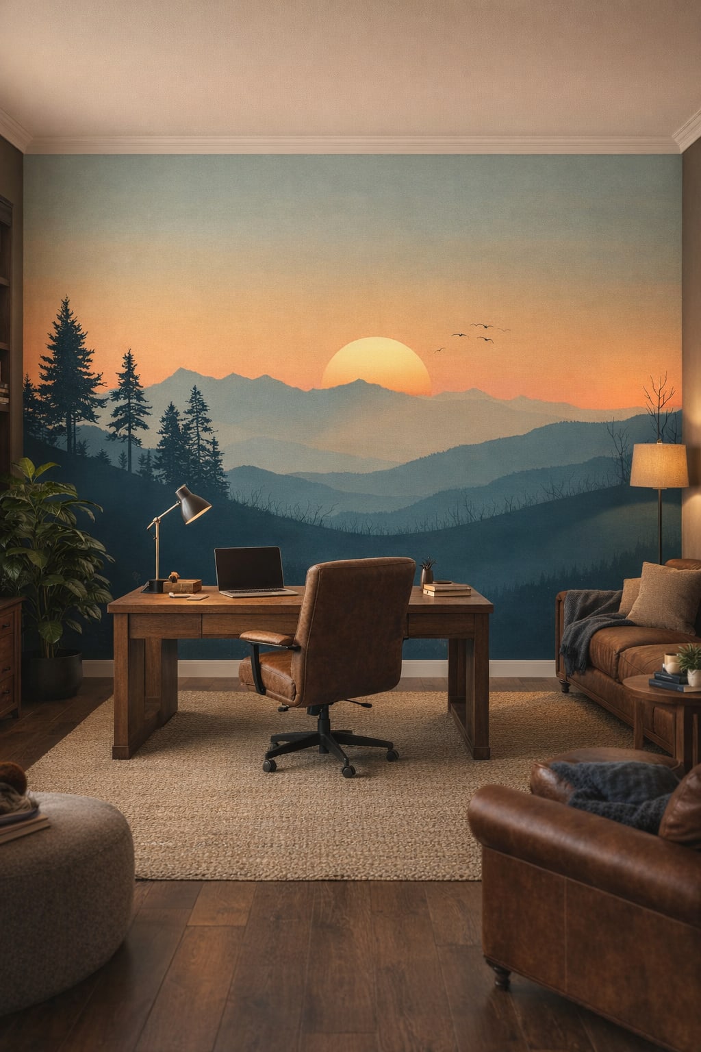 Rustic Modern sand-tone mountain sunrise landscape featuring sun - Wall Mural Peel and Stick Wallpaper for Rustic Modern Executive Home Office.