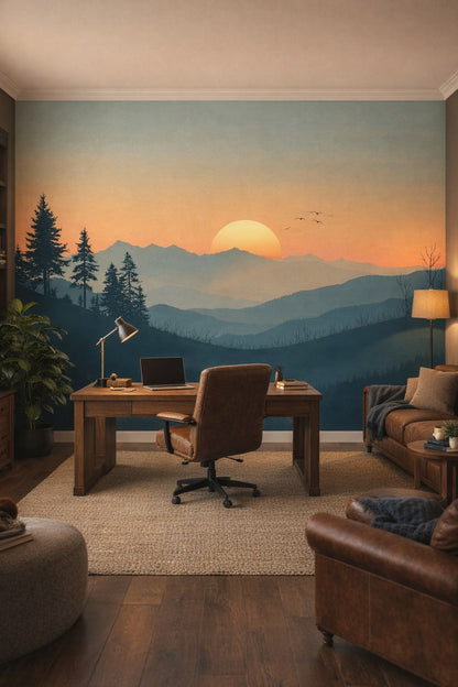 Rustic Modern sand-tone mountain sunrise landscape featuring sun - Wall Mural Peel and Stick Wallpaper for Rustic Modern Executive Home Office.