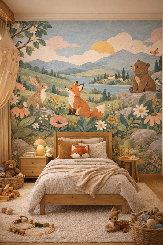 Moss green, brown woodland animals featuring birds - Wall Mural Peel and Stick Wallpaper for Woodland / Forest Kids Bedroom.