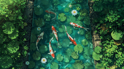 Serene zen Teal koi fish featuring lily pads and water lilies - Wall Mural & Peel and Stick Wallpaper for Watercolor Interiors and Premium Home Styling.