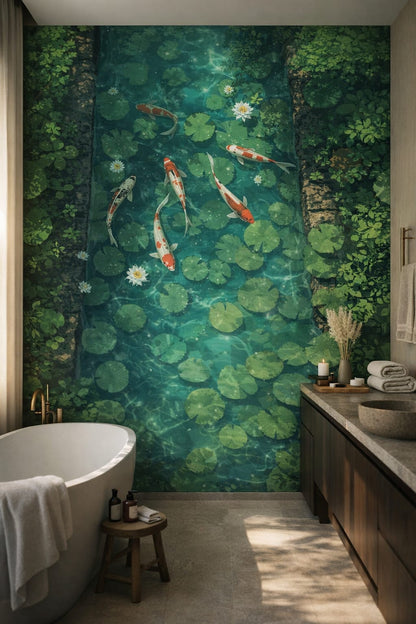 Zen neutral koi fish featuring lily pads - Wall Mural Peel and Stick Wallpaper for Zen Luxury Bathroom.