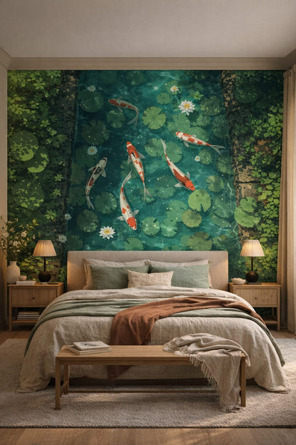 Japandi sand-tone koi fish featuring lily pads - Wall Mural Peel and Stick Wallpaper for Japandi Master Bedroom.
