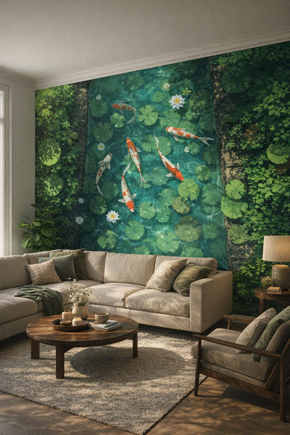 Cream olive Organic Modern koi fish featuring lily pads - Wall Mural Peel and Stick Wallpaper for Organic Modern Living Room.
