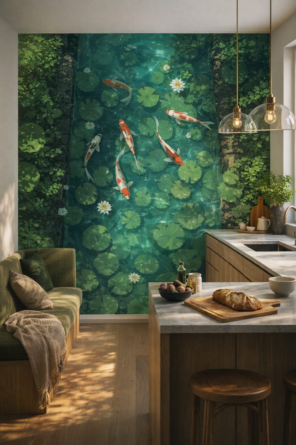 Biophilic green-neutral koi fish featuring lily pads - Wall Mural Peel and Stick Wallpaper for Biophilic Design High-end Kitchen.