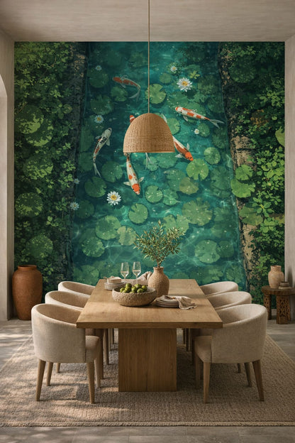 Mediterranean Modern sand-blue koi fish featuring lily pads - Wall Mural Peel and Stick Wallpaper for Mediterranean Modern Dining Room.